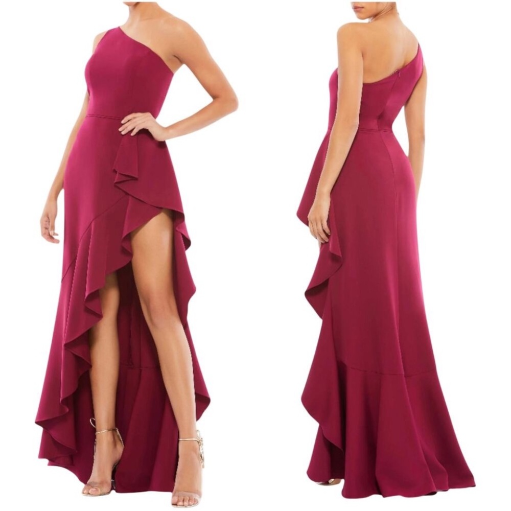 Mac Duggal One-Shoulder Ruffled High-Low Maxi Dress in Burgundy